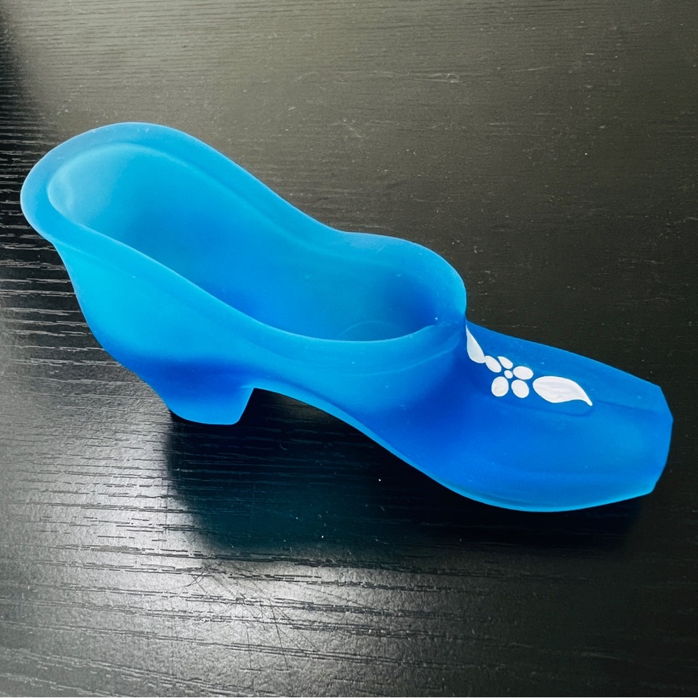 Westmoreland Blue Satin Glass Shoe Slipper Hand Painted Flowers Vintage - Picture 2 of 13